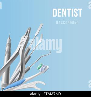Basic Dentist Tools, and Instruments on Light-Blue Background Stock Vector