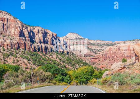 Utah 211 scenic byway in Utah, designated as Indian Creek Corridor Scenic Byway, passes through a landscape of sandstone rocks and formations. Stock Photo