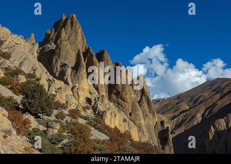 Hoodoo formations contain caves carved by humans 3000 years ago near Yara village - upper Mustang District, Nepal Stock Photo