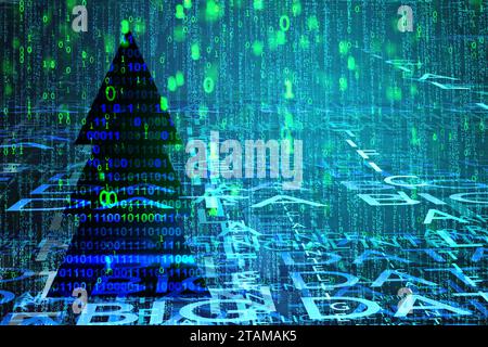 AI or Artificial intelligence Christmas background. Abstract Christmas tree made from binary code numbers on modern futuristic digital backdrop. Stock Photo