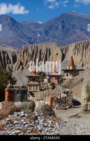 Chortens are three dimentional mandalas representing the various states of the human condition with the top being the heavenly realms - Tange village Stock Photo