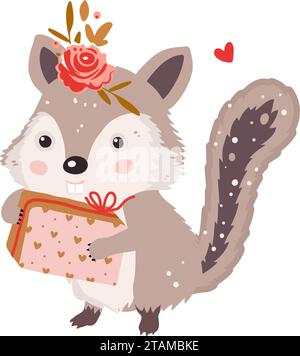 Cute chipmunk woodland animal isolated character with gift and flower Vector happy funny greeting card for Valentine day and birthday. Stock Vector
