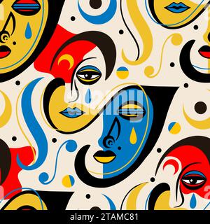 Vibrant strokes of artistry collide in a playful frenzy of colorful faces, surrealism seamless vector pattern. creativity surrealism abstract drawing, people faces graphics Stock Vector