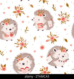 A whimsical hedgehog seamless pattern. Group of adorable vector cartoon hedgehogs with flower and presents. Valentines Day baby shower background Stock Vector
