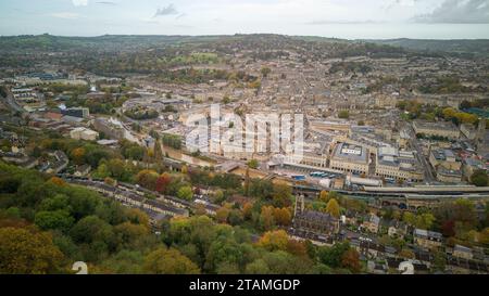 Aerial drone view over Bath City Centre, from the most popular viewing area in Bath, Alexandra Park. (29-10-2023) Stock Photo