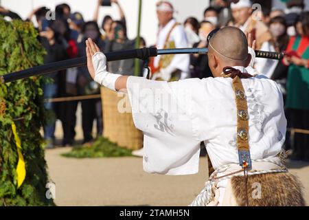 Kagawa, Japan - November 23th 2023: Sacred bonfires during Japanese, called Gomataki. Religious bonfire in the Zentuji-Park, Kagawa. Stock Photo