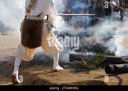 Kagawa, Japan - November 23th 2023: Sacred bonfires during Japanese, called Gomataki. Religious bonfire in the Zentuji-Park, Kagawa. Stock Photo