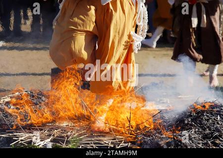 Kagawa, Japan - November 23th 2023: Sacred bonfires during Japanese, called Gomataki. Religious bonfire in the Zentuji-Park, Kagawa. Stock Photo