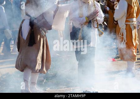 Kagawa, Japan - November 23th 2023: Sacred bonfires during Japanese, called Gomataki. Religious bonfire in the Zentuji-Park, Kagawa. Stock Photo