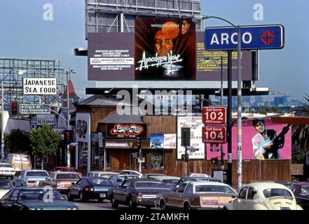 A hand-painted billboard for the movie Apocalypse Now with Marlon Brando is posted Licorice Pizza record store n the Sunset Strip in West Hollywood, California, in 1979 Stock Photo