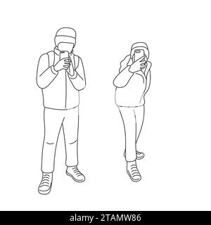male in hat and his girlfriend using mobile phone to take a photo illustration vector hand drawn isolated on white background Stock Vector