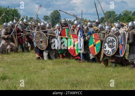 TVER REGION, RUSSIA - JULY 21, 2023: Fragment of the reconstruction of a medieval battle on a summer day. Historical festival 'Epic Coast-2023' Stock Photo