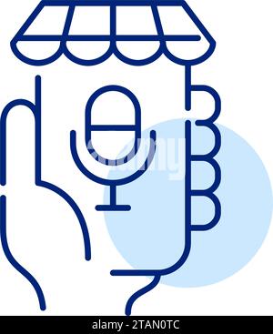 Voice commerce. Using personal virtual assistant for online shopping. Hand holding smartphone with app. Pixel perfect Stock Vector