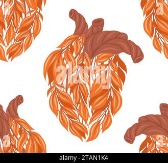 Vector seamless pattern with unhealthy human hearts made of leaves on white background. Internal old organ transplantation. Medicine texture Stock Vector