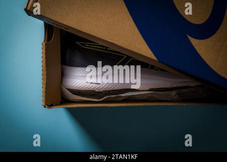 Antalya, Turkey - November 28, 2023: Asics running shoes with new technology soles in shoe box Stock Photo