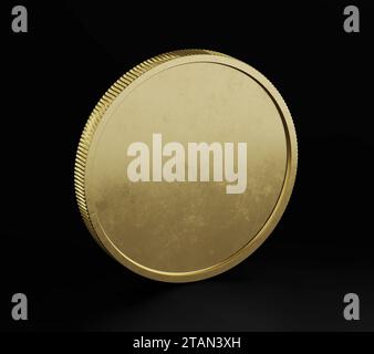 Gold Coin, Front View, Mockup Template, Banking Concept, Cryptocurrency, 3d Rendered isolated on Dark background. Stock Photo