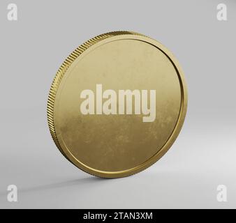 Gold Coin, Front View, Mockup Template, Banking Concept, Cryptocurrency, 3d Rendered isolated on Light background. Stock Photo