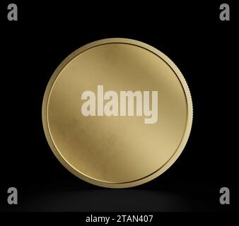 Gold Coin, Front View, Mockup Template, Banking Concept, Cryptocurrency, 3d Rendered isolated on Black background. Stock Photo