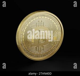Bitcoin, Front View, Mockup Template, Banking Concept, Cryptocurrency, 3d Rendered isolated on Black background. Stock Photo