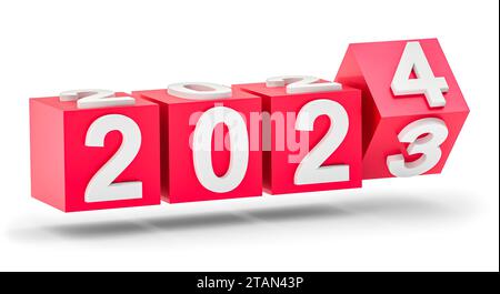 New year holiday concept. Cubes with number 2024 replace 2023. Isolated on white background Stock Photo