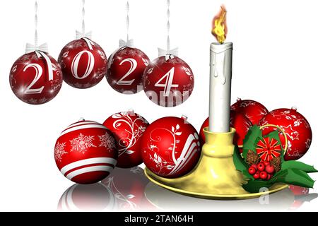 3D illustration. New Year 2024. New Year 2024 in numbers and with Christmas decoration. Christmas tree balls Stock Photo