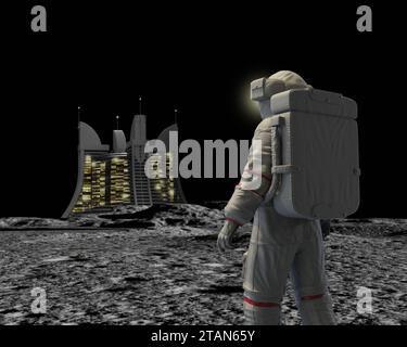 Astronaut visiting hotel complex on Moon, illustration Stock Photo