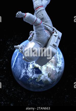 Astronaut floating above Earth, illustration Stock Photo