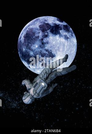 Astronaut floating above frozen Earth, illustration Stock Photo