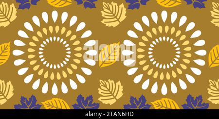 Mandala Flowers with Leaf Seamless Pattern Design in Various Colors on Gold Color Background, Very Colorful exotic, and vibrant. Stock Vector