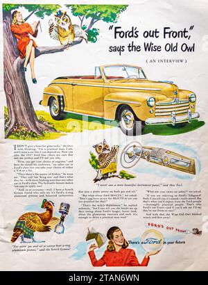 1947 Ford ad. 'Ford's out front. Says the wise old owl.' Stock Photo