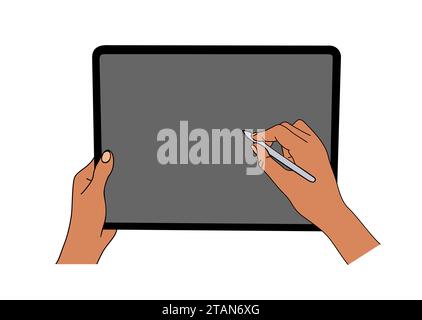 Hands draw on tablet with blank screen and pen. Stock Vector