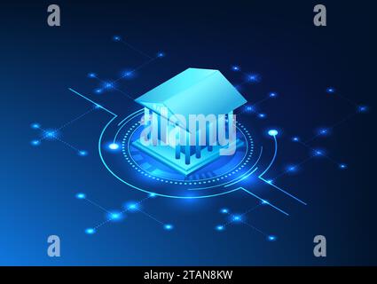 Technology for conducting online banking transactions via mobile phones or computer via internet signal Isometric illustration of bank in technology c Stock Vector