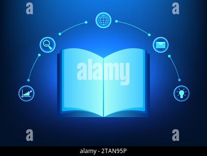 Modern educational technology Books connected to technology icons represent modern education combined with technology. online learning online books Stock Vector