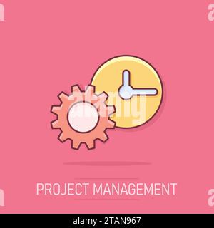 Vector cartoon clock icon in comic style. Project management sign illustration pictogram. Timer with gear business splash effect concept. Stock Vector