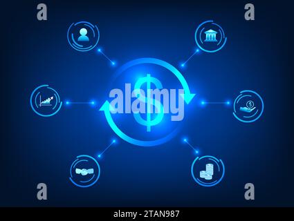 Money exchange technology Dollar connected icons Shows the exchange rate of each country's currency. Stock Vector
