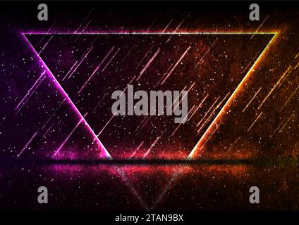 Orange purple neon laser triangle frame abstract technology retro grunge background. Futuristic glowing graphic vector design Stock Vector