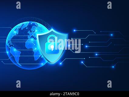 Cybersecurity and Data Privacy Technology. The inner shield has a lock. On the back is a globe with a circuit, showing protection against cyber data t Stock Vector