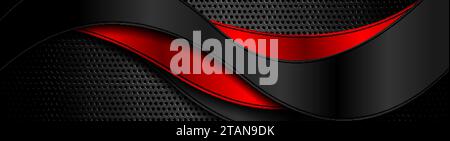 Red and black abstract glossy waves on perforated background. Technology vector banner design Stock Vector
