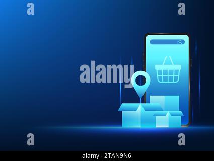 E-commerce technology Mobile phone with a basket and box on the screen Showing the business of opening an online store. Let customers order products t Stock Vector