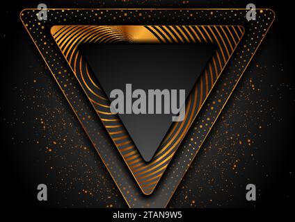 Black and golden triangles with linear ornament and shiny particles. Vector design Stock Vector