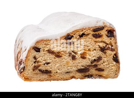 Stollen loaf cut in half isolated on a white background. Traditional German Christmas bread of nuts, spices, and dried fruits cutout. Christstollen. Stock Photo