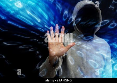 man in hood with binary code, hacker and cybercrime concept Stock Photo