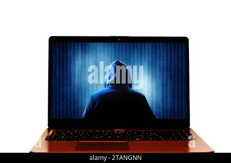 hacker in hood inside a laptop computer, cyber attack, phishing and data breach concept Stock Photo