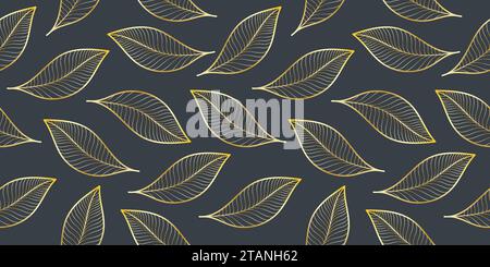 Leaf Seamless Pattern Design in Golden Color on a Dark Color Background Very energetic, exotic, and vibrant. Stock Vector