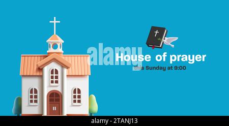 Prayer schedule poster with 3d render church building and Bible with dove, pray for peace, in God we trust Stock Vector