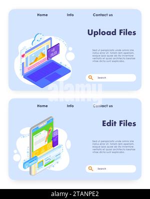 Upload files vector website landing page template set Stock Vector