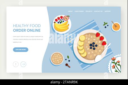 Healthy food online vector website landing page design template Stock Vector