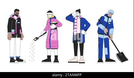 Winter hazards preventing 2D linear cartoon characters set Stock Vector