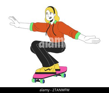 Skater girl 80s line cartoon flat illustration Stock Vector