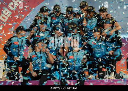 Adelaide, Australia. 02nd Dec, 2023. Adelaide, Australia, December 2nd 2023: Adelaide Strikers players are presented with the trophy during the Weber Womens Big Bash League 09 Grand Final game between Adelaide Strikers and Brisbane Heat at the Adelaide Oval in Adelaide, Australia (Noe Llamas/SPP) Credit: SPP Sport Press Photo. /Alamy Live News Stock Photo